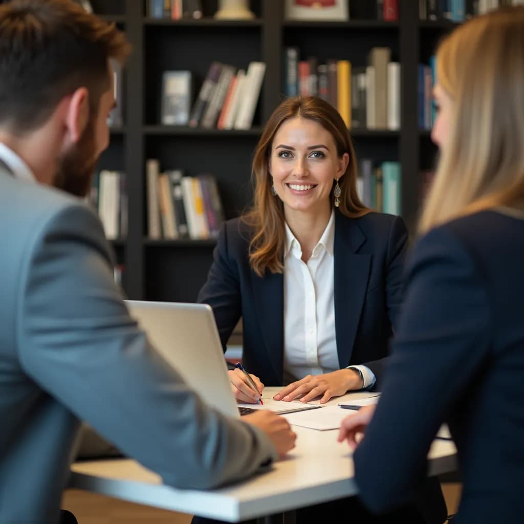 a professional setting with a well-dressed individual, seated at a desk with a laptop open, taking notes during a mock interview