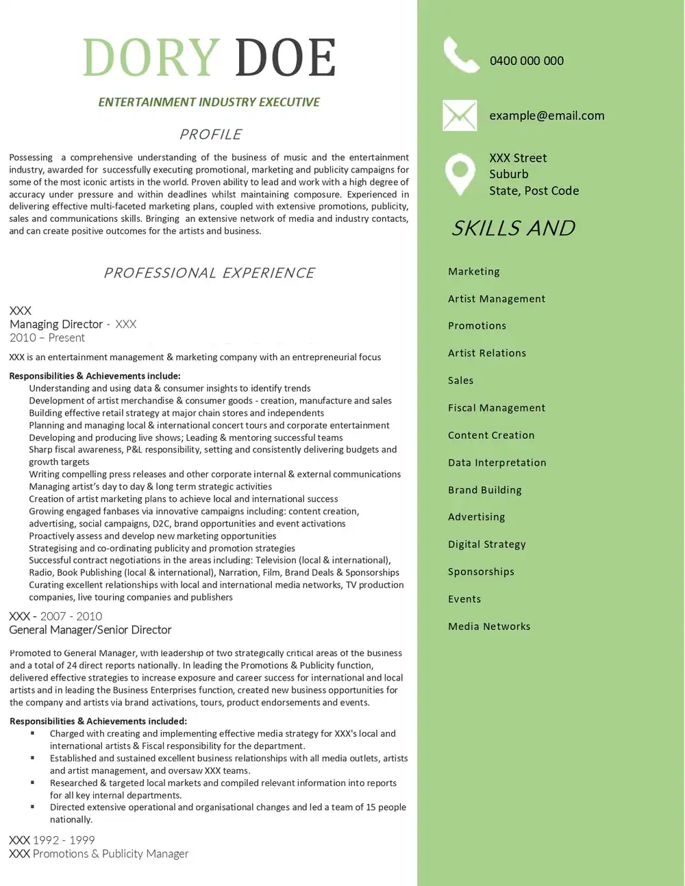 Advertising, Arts, and Media Industry Resume Example (Before)