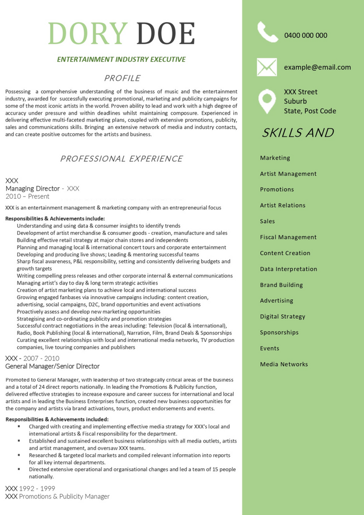 Advertising, Arts, and Media Industry Resume Example (Before) 