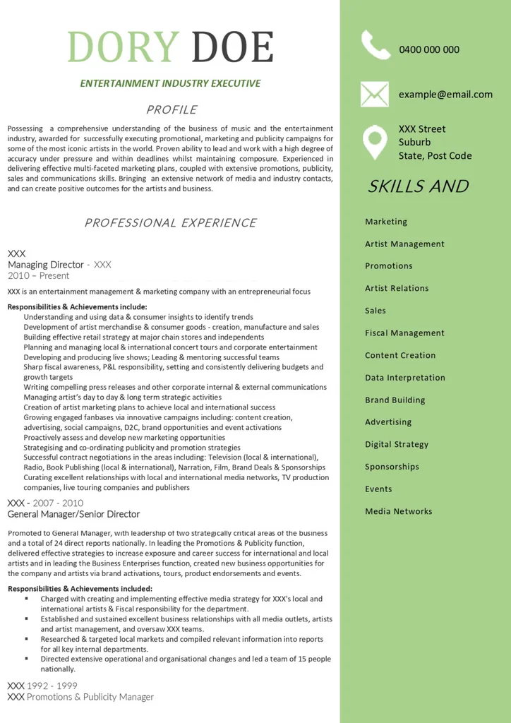 Advertising, Arts, and Media Industry Resume Example (Before)